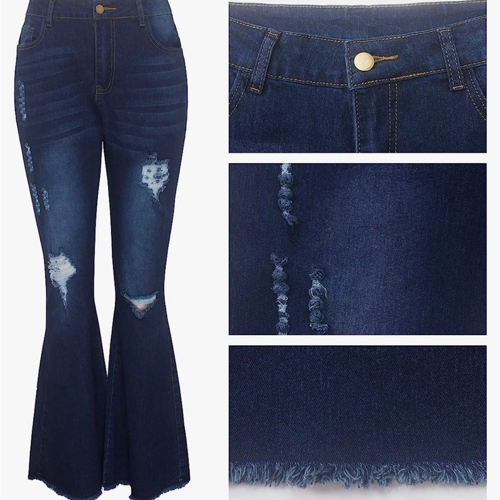 Ripped bell bottom stretch jeans